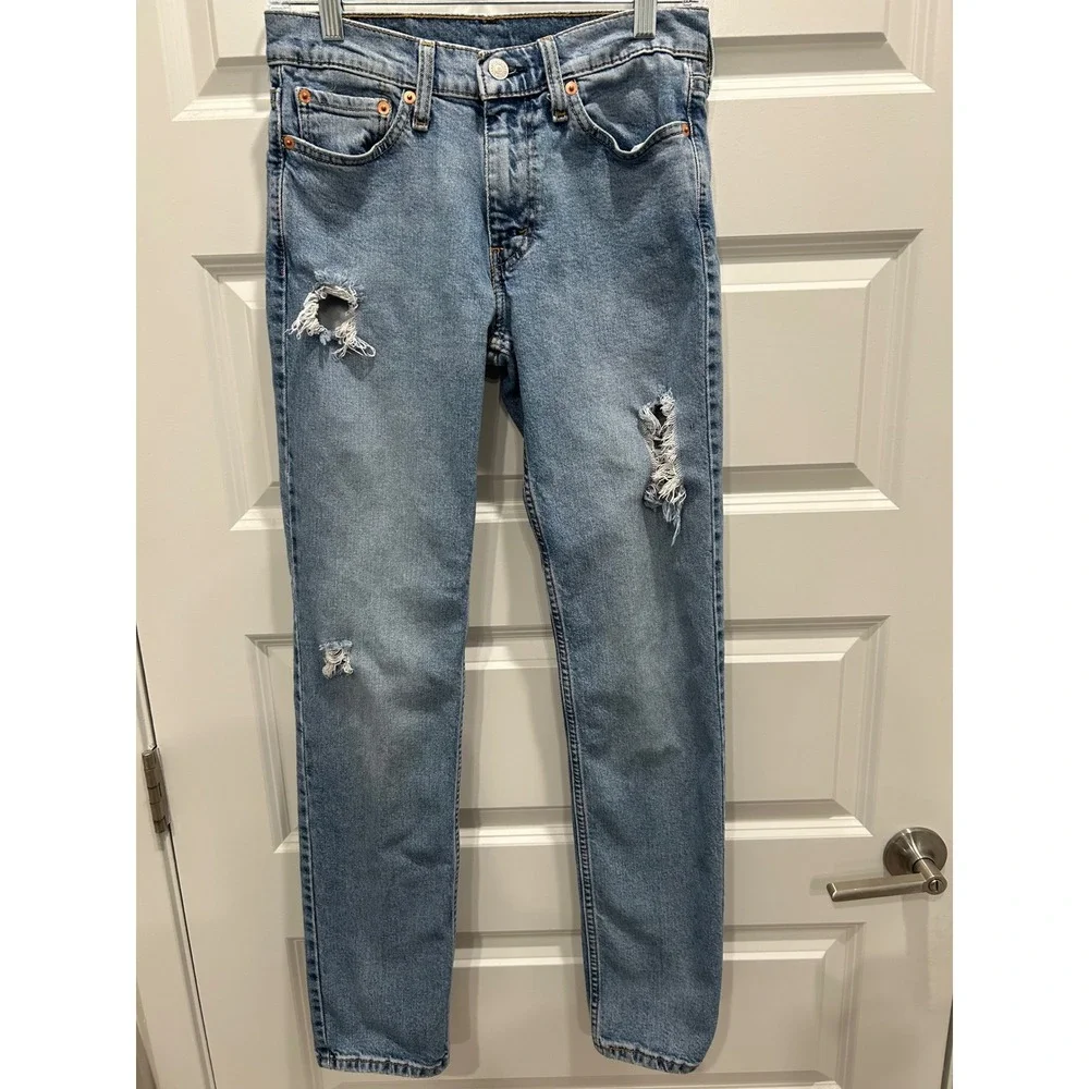 Levi's 511 Slim Fit Jeans Mens 29x32 Light Blue Distressed Ripped Denim